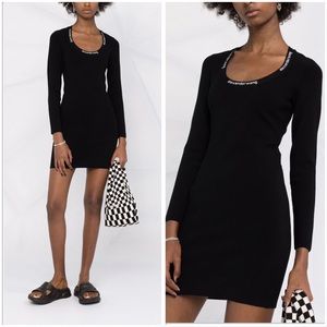NWT ALEXANDER WANG WOMEN Bodycon LS Logo Jacquard Trim Scoop Neck Dress